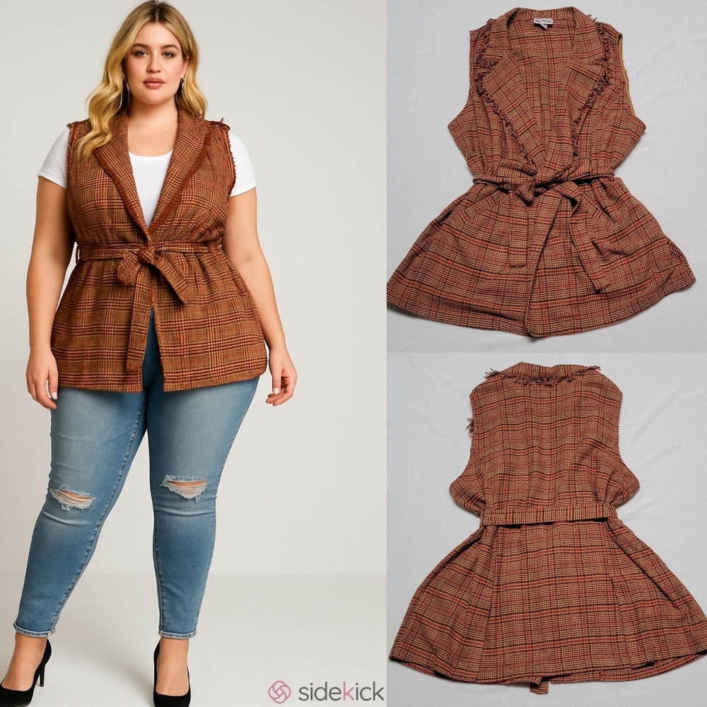 60s Vintage Personal Burnt Orange Brown Tweed Fringe Tie-Waist Vest Mini Dress